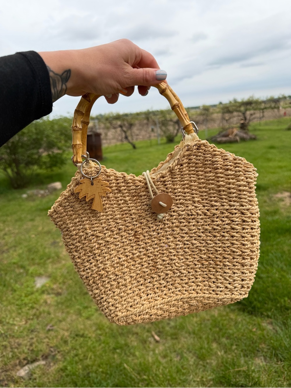90s Faded Glory Woven Handbag with Bamboo Handles